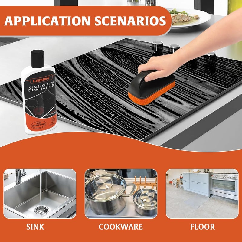 AWEASROY Glass Stove Top Cleaner Kit 12 oz, Cooktop Cleaner and Polish Non-Abrasive No Scratch Removes Tough Stains, with Scrubbing Pad, Handle, Scraper, Cloth - Image 3